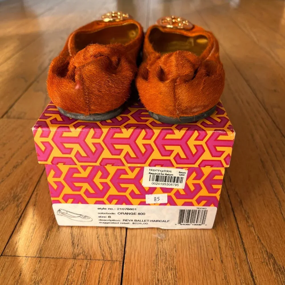 Tory Burch Reva Calf Hair Orange Leather Ballet Flat, Size 8